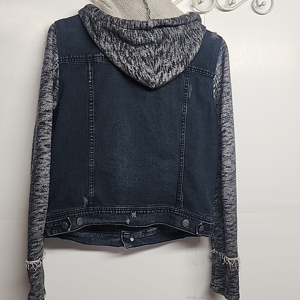 Free People Vintage Distressed Indigo Denim Gray Sleeves Hooded Jacket Sz L - Picture 5 of 10